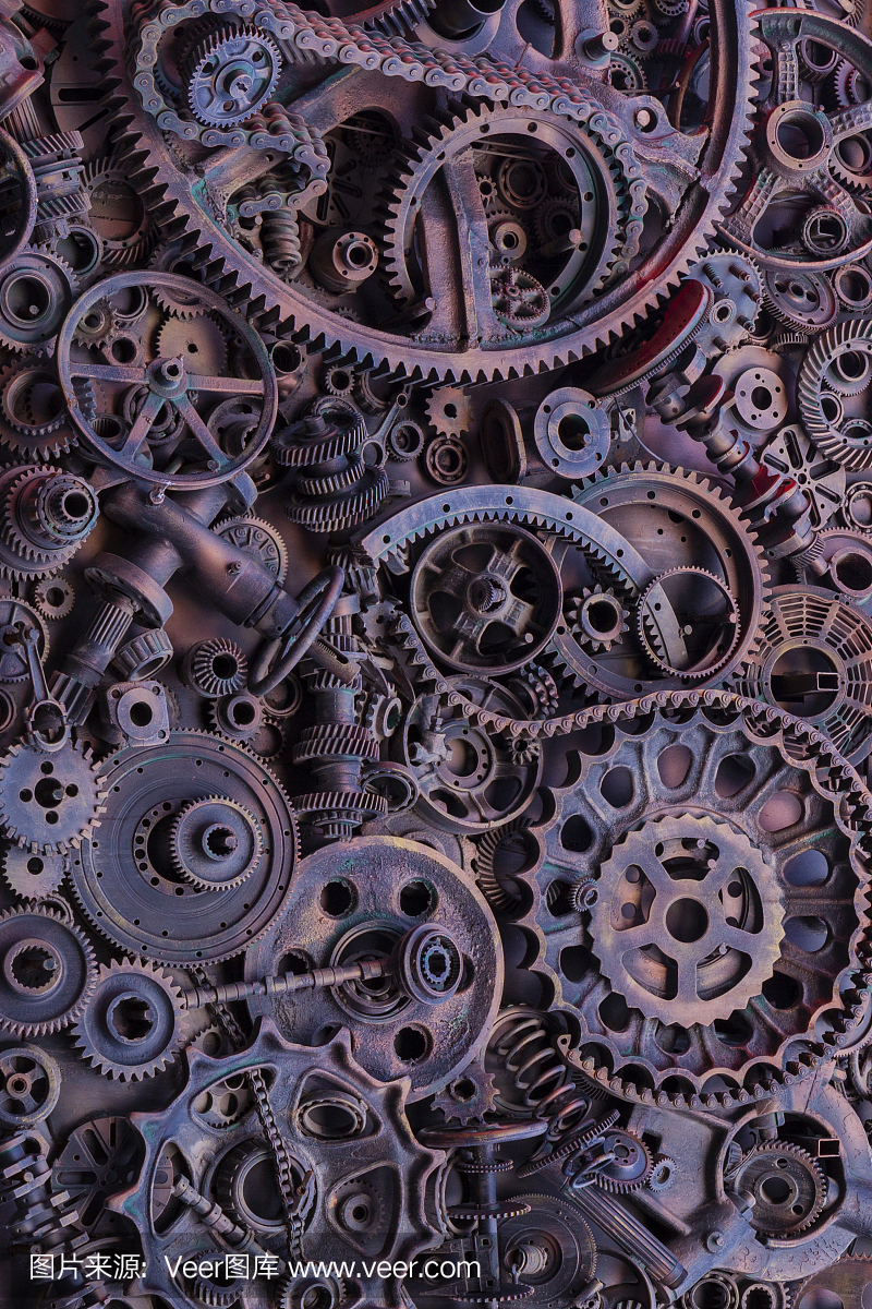 蒸汽朋克背景,機器零件,大齒輪和鏈條的機器和拖拉機。陳舊生銹的機器和機械部件。彈簧、軸承、活塞、曲軸、凸輪軸。